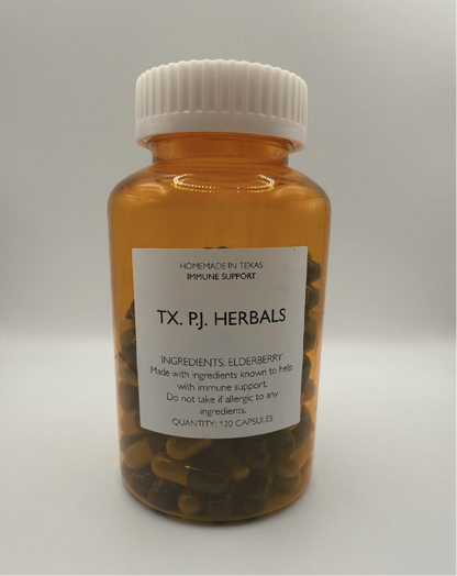Amber bottle of Elderberry Capsules by TX. PJ. Herbals for immune support containing 120 capsules