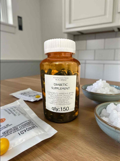 Bottle of all-natural diabetic supplement capsules with botanical ingredients on wooden surface